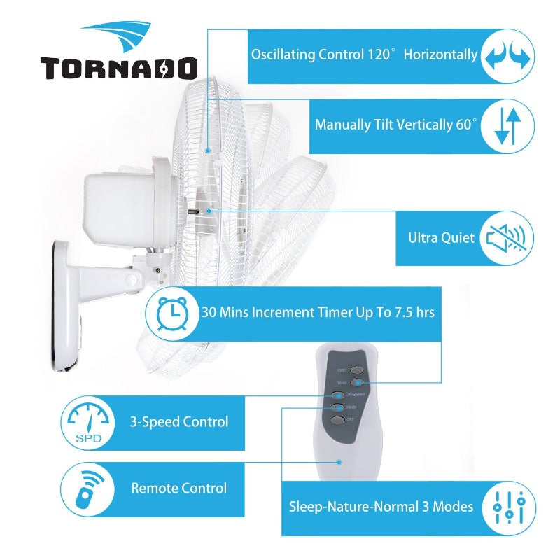 Tornado 16" Digital Remote Oscillating Wall Fan - 2650 CFM - 1 Pack - UL