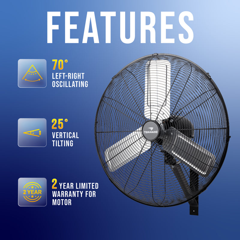 Tornado - 24 Inch Pro Series High Velocity Oscillating Wall Mount Fan – For Commercial, Industrial Use - 3 Speed - 7600 CFM - 1/4 HP - 6.6 FT Cord - UL Safety Listed