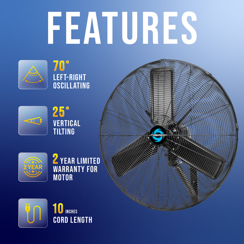 Tornado 30" Outdoor Rated IPX4 Water Resistant High Velocity Metal Oscillating Wall Mount Fan - 8850 CFM – UL