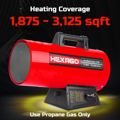 HEXAGO 125,000 BTU Adjustable Portable Liquid Propane Gas  Forced Air Heater, Height Adjustable, CSA Listed, Red, Heating up to 3,125 sqft