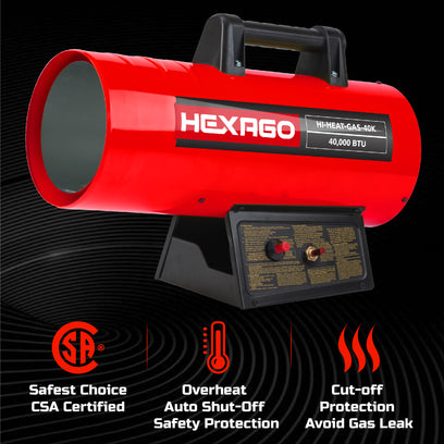 HEXAGO 40,000 BTU Contractor Portable Liquid Propane Gas LGP Forced Air Heater, CSA Listed, Red, Hiseating up to 1,000 sqft