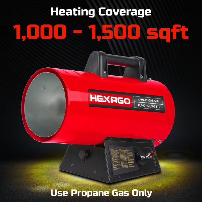 HEXAGO 60,000 BTU Adjustable Portable Liquid Propane Gas  Forced Air Heater, Height Adjustable, CSA Listed, Red, Heating up to 1,500 sqft