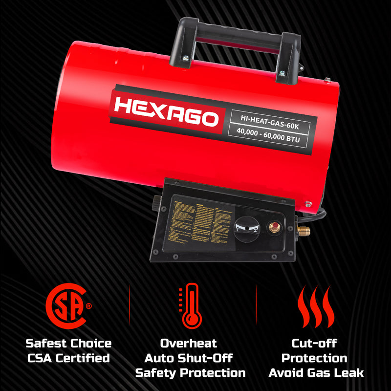 HEXAGO 60,000 BTU Adjustable Portable Liquid Propane Gas  Forced Air Heater, Height Adjustable, CSA Listed, Red, Heating up to 1,500 sqft