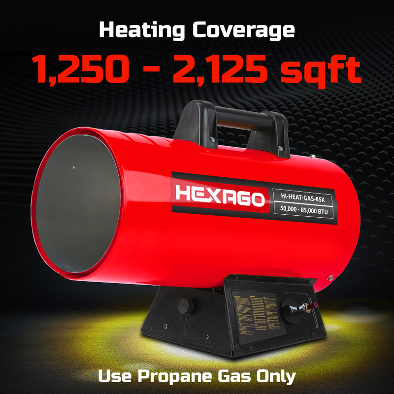 HEXAGO 85,000 BTU Adjustable Portable Liquid Propane Gas Forced Air Heater, Height Adjustable, CSA Listed, Red, Heating up to 2,125 sqft