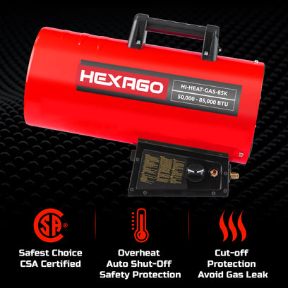 HEXAGO 85,000 BTU Adjustable Portable Liquid Propane Gas Forced Air Heater, Height Adjustable, CSA Listed, Red, Heating up to 2,125 sqft